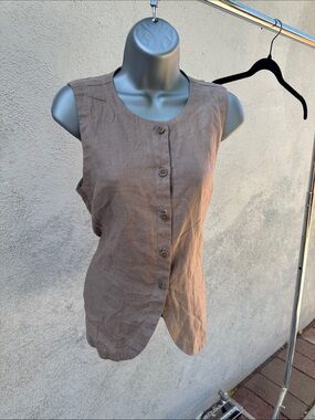 Eileen Fisher Brown Sleeveless Button-Front Linen Camisole
